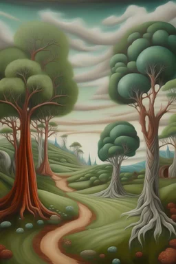 a painting of a surreal landscape with trees, an oil painting by Judith Brown, deviantart, metaphysical painting, oil on canvas, whimsical, detailed painting