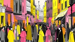 Animation arcane style.Yellow pink and grey, kandinsky style. Modern City street crowded by people with no faces covered by black hoods