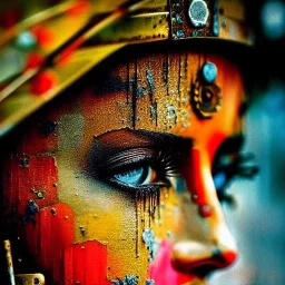 an abstract painting oil in canvas of rusted metal and flowers, Geisha portrait, rust, scaffolding, iron cladding, decay, mixed media, textured, anatomically correct, beautiful perfect face, sharp focus, highly detailed, BladeRunner movie poster, masterpiece, realistic, intricate detail, sci-fi fantasy style, volumetric lighting, particles, highly detailed ,cinamatic , deep colours, 8k, by Gustav Klimt