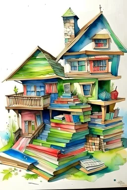 House made from Books. Watercolors