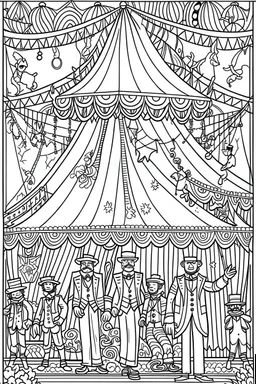 Coloring book page:: Circus: A whimsical illustration of a circus tent with acrobats, clowns, and a ringmaster:: high detail adult coloring book page thin black lines white background, 1 bit line art coloring book, only draw outlines, crisp, thick outlines, use up the entire screen, outline art, storybook illustration –no noise, book, logo, page, letters, words, markers, grayscale, –no black background –ar 3:4 –v 4