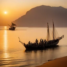 A dhow crosses the Strait of Hormuz, bathed in golden light. Bedouins wait with camels, loading goods onto the vessel. Tradition and trade merge in this timeless scene. Lateen rigging guides the dhow, camels add desert mystique. Sunset shadows as goods are loaded for the sea. Land and sea meet in a captivating dance of trade.