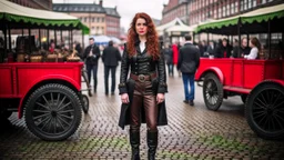 full-length portrait of a pale-faced woman with auburn wavy shoulder-length hair, with metal arms and legs, dressed in leather trousers and jacket, with a blouse, standing beside a steam carriage in a busy market square