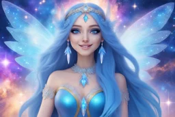 A beauty Fairy women with long blue straight hair, with a beautiful face, and Blue big eyes. She has Crystal wings and sweety elegant smile.She Is a magic sacred dancer in cosmica ceremony..the background Is a magic coloured bright galaxy, with a stars. She Is so fine gentle and with grace