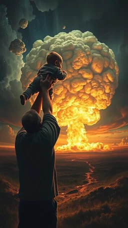 Bosch painting style nightmare, a man holding a baby up toward a nuclear explosion in the background, rear view , dramatic sad scene, fantasy, scary.