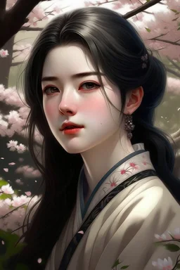 Beautiful Girl in the garden, 18 century, brunette, literally dark hair, dark eyes, fat, smell of sakura, rest, detailed face