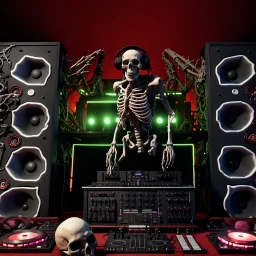 DJ of the damnded, insanely detailed DJ booth in hell, MID set, speakers and equipment made of bone, anatomically correct, add more skulls in th audience, photorealism, vray, 8k 3d