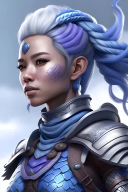 Female air genasi from dungeons and dragons, southeast Asian, wind like hair, Tough Traveler vibes, wearing Hide armor made from Jaculi snake skin, light blue coloring, purple coloring, realistic, digital art, high resolution