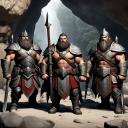 The sturdy Dwarves in front of the cave, with their characteristic proud, stout physiques, wear ornate, battle-worn armor adorned with bold, geometric patterns, and wield mighty axes, hammers, and swords. Their facial features are strong, with prominent beards, bushy eyebrows, and piercing, gemstone-like eyes. We Were Born Ready