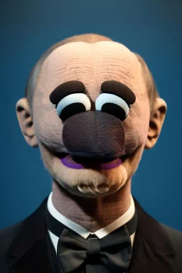 Waist up muppet Portrait, Vladimir Putin as muppet doll, Black suit, photo studio, blue background, unreal engine 5, concept art, art station, god lights, ray tracing, RTX, lumen lighting, ultra detail, volumetric lighting, 3d.