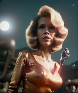 Ultra Realistic retro sci-fi movie, classic ovni levitating scene, 1960 year, waist up view portrait, a super giant blonde woman, sweet teenager Jane Fonda face, perfect iris, glow eyes, face makeup, tight latex coat, many people, Retro sci-fi style, soft color, highly detailed, unreal engine 5, ray tracing, RTX, lumen lighting, ultra detail, volumetric lighting, 3d, finely drawn, high definition, high resolution.