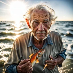 A picture of an elderly man who catches fish in the ocean, with sunlight showing the roughness of his skin.