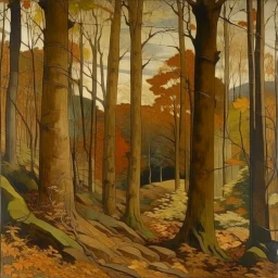 A brownish bronze Thanksgiving themed autumn forest painted by Raymond Duchamp-Villon