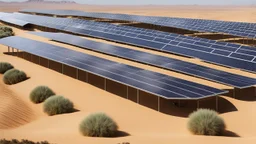 photo from solar power plants, solar energy panels stand in rows in a semi-desert, semi green planted futuristic ​​special landscape, special circular and columnar and abstract shaped solar panels, in the distance the metallic dome of a solar power plant glitters, in the foreground of the picture, stands on a hill a dark silhouette of a short-haired woman and looking up at the sun, the light blue-white sky shows a glowing sun. high detailed, sharp focus, masterpiece