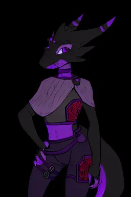 a black and purple, female argonian artificer who uses Tesla coils as weapons, skinny, lightly armored