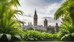 City of London, Big Ben, Tower Bridge, Shard, Gherkin, etc. overgrown with a jungle of banana trees, award winning photograph