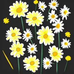 whimsical illustration of a bouquet of white and yellow daisies, digital illustration, soft colors, fine lineart, vector art, photoshop, plain solid color background, minimalist art, cottagecore