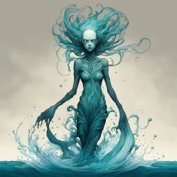 front facing full body illustration of a malevolent shape shifting female Funayurei water ghost with highly detailed facial features and translucent skin textures, in the style of Alex Pardee , Jean Giraud Moebius, and Katsushika Hokusai, highly detailed, boldly inked, deep murky aquatic color