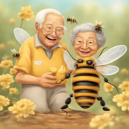 Happiness grandma and grandpa are healthy in a planet of honey stingless bee, realistic