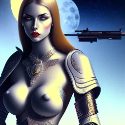 warrior lady with gun under the Moon