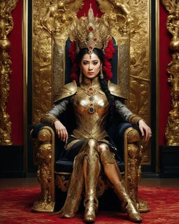 A length image of photography full body photo of a beautiful-faced Queen sitting on a luxurious chair in a palace, wearing luxurious battle armor with a design of gold and black metal plate and metal crafts with radiant diamond luster, decorated with flower-shaped red diamond stone, black leaf decorations,and small dragon decorations, against a gold background, holding a gold carved sword, accompanied by two white tigers angry face sitting beside him, with added details.