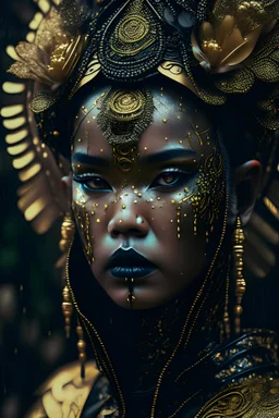 A beautiful indonezia. face portrait with floral fancy headress young vantablack hyperrral beautiful solarpunk lady voidcore steampun shamanism wearing filigree metallic clothing in the rain chiaroscuro light lrak golden intricae details of cannon d 600 full figure shot 25 k resolution