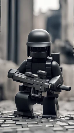 A more rounded lego man, all dressed in black military helmet and outfit, kneeling and aiming an m4 gun, in an urban environment hiding behind cover