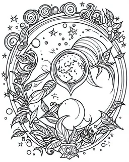 outline art for stoners coloring pages with A very simple and minimal design featuringA trippy cosmic journey through space, with planets and stars morphing into cannabis leaves, white background, sketch style, fully body, only use outline, mandala style, clean line art, white background, no shadows and clear and well outlined