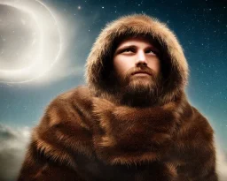 a sad and lonely viking looking up at the stars at night, hyper realistic, 8k, insane detail, atmospheric background, crying eyes, big fur coat, long braided hair, sharp focus, soft background, dynamic lighting, viking helmet, night time