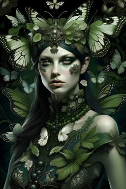 beautifulyoung woman adorned with butterflies and lily flowers with white, green crystals and little moss on them, headdress wearing butterfly embossed dark goth punk shamanism style floral embossed and ribbed dress organic bio spinal ribbed detail of art nouveau background extremely detailed hiperrealistic maximalist portrait art