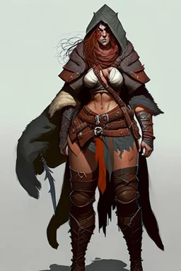 female barbarian dnd character wearing pants and hood