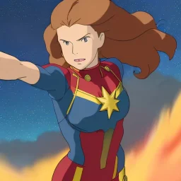 Captain Marvel,flying in the sky, hair on fire, realistic, vibrant colors, Kate beckinsale's face, long hair, gold angel wings, full body, in space, muscular, hyperrealistic