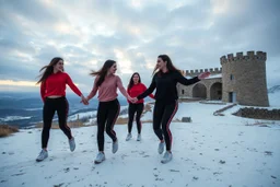 a group of Turkish young ladys in sports pants and blouse are dancing in Babak Castle in Iran west north ,cloudy sun set sky,snowy environment