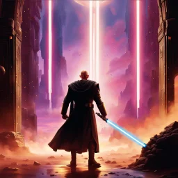 star wars bald male corellian jedi pilot wearing black and gunmetal grey old republic armored robes with gold trim, alone, battle-ready Jedi Master defending a ruined ancient city surrounded by golden light, centered head and shoulders portrait, hyperdetailed, dynamic lighting, hyperdetailed background, 8k resolution, volumetric lighting, light skin, fully symmetric details