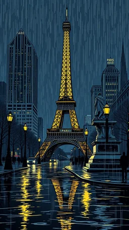 An atmospheric, Paris Eiffel Tower fine lines draw noir-style illustration of a rainy cityscape at night, featuring glowing streetlights reflecting off the wet pavement, towering Art Deco skyscrapers, and a statue evoking a sense of intrigue and timelessness.