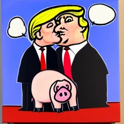 trump kissing a pig, oil on canvas, art brut