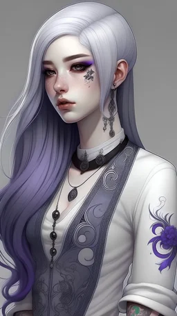 Realistic brutalist anime style. Your skin is light in complexion and porcelain in tone covered in tattoos and piercings. Your body is lean, with little muscle, but not too thin. Your pure white long hair in a braid colored pure white. You are wearing a long sleeved purple dress with an elegant bodice that stops at your ankles with thick stockings and leather knee-high boots.