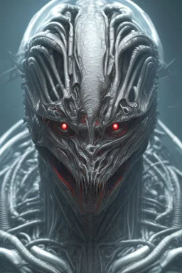 evil predator with crown, alien, brutal face, tron, head, burn eyes, 8k, finely detailed, dark light, photo realistic, hr giger, cyberpunk