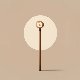 "Ilustración minimalista y elegante de un bastón sencillo de madera con un pequeño símbolo circular en la parte superior. El bastón está sobre un fondo neutro con ligeros tonos tierra. Elementos sutiles, como una luz suave, sugieren serenidad y compasión.