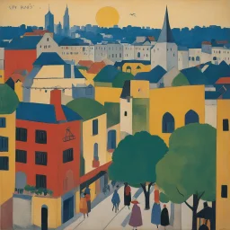 [poster by Paul Sérusier] the vibrant streets of a city with a long history seen from above: old shops and buildings to skyscrapers