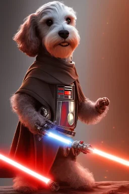 Star Wars scene artificial intelligence a Bedlington Terrier dog wearing black sith knight cape holding a red lightsaber in it's paw, showing R2D2 and 3PO in background, artstation trends, concept art, highly detailed, intricate, sharp focus, digital art, 8 k,