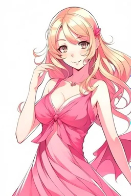 hot anime woman posing in pink dress and blonde hair