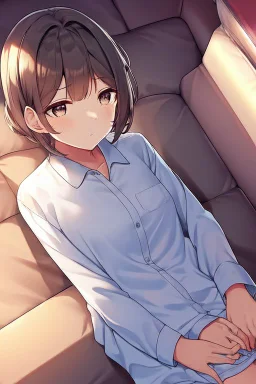 anime waifu wearing a pyjama shirt and a short skirt laying on her stomach on a couch