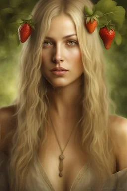 realistic stock photo, Realism engine, General Fast V2 (Flux), Create a realistic image of a female with long, straight blonde hair, the bangs cut straight across the forehead, hazel eyes, a plump chest, strawberry sundae, in the style of Boris Vallejo, Frank Frazzetta, Leonardo da Vinci, Julie bell, 4k, 8k, 16k, 32k. 100k UHD