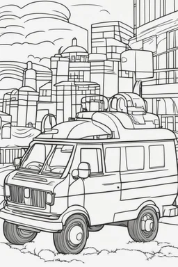 transport coloring page for kids, AMBULANCE, cartoon style, thick outline, low details, no shading, no color