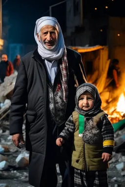 Palestinian old man wears the keffiyeh and the Palestinian dress Carrying a seven small child ,at winter , Destroyed Buildings , with a Explosions, at night