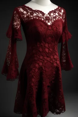 Dark red, off-the-shoulder, lace dress inspired by fractals in geometry.