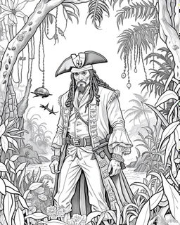 Pirates of the Caribbean: Jack Sparrow's Jungle Adventure Coloring Page: Design an adventurous coloring page inspired by the Pirates of the Caribbean movie, featuring Jack Sparrow navigating a dense jungle on a quest. Remove black color backgrounds and lines as much as possible, allowing kids to focus on coloring towering trees, wild animals, and hidden paths. This black-and-white canvas invites young artists to bring the excitement of Jack Sparrow's jungle exploration to life in their imaginati