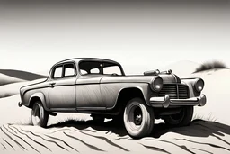 generate an image fast old car on the dune road like a draw minimal style black and white pencil style.