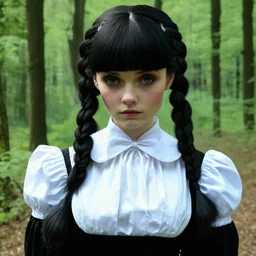 Young Marie-Antoinette as Wednesday addams, braids, bangs, in tge woods